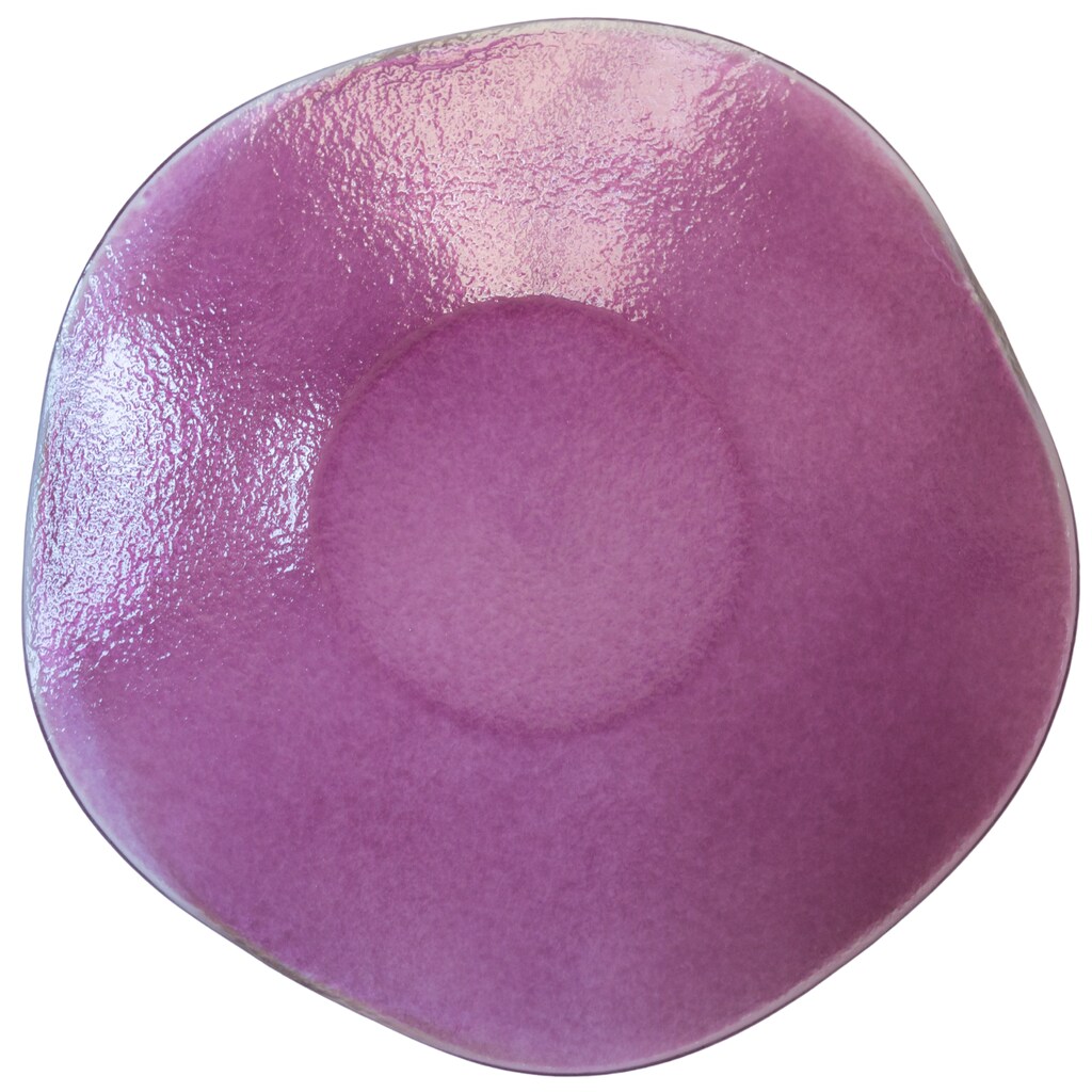 Artystyczny talerz dekoracyjny wykonany techniką fusingu, prezentujący efektowne połączenie kolorowego, stapianego szkła o unikalnej, lekko wypukłej strukturze.